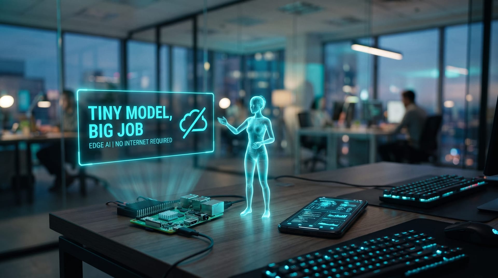 A small single-board computer and a phone running an AI model with a cyan holographic AI figure beside them in a modern office, no cloud connection