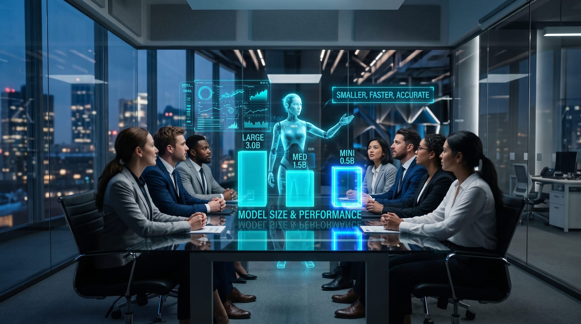 Business team studying floating cyan benchmark bar charts comparing AI model sizes with a holographic AI avatar presenting the data extraction results