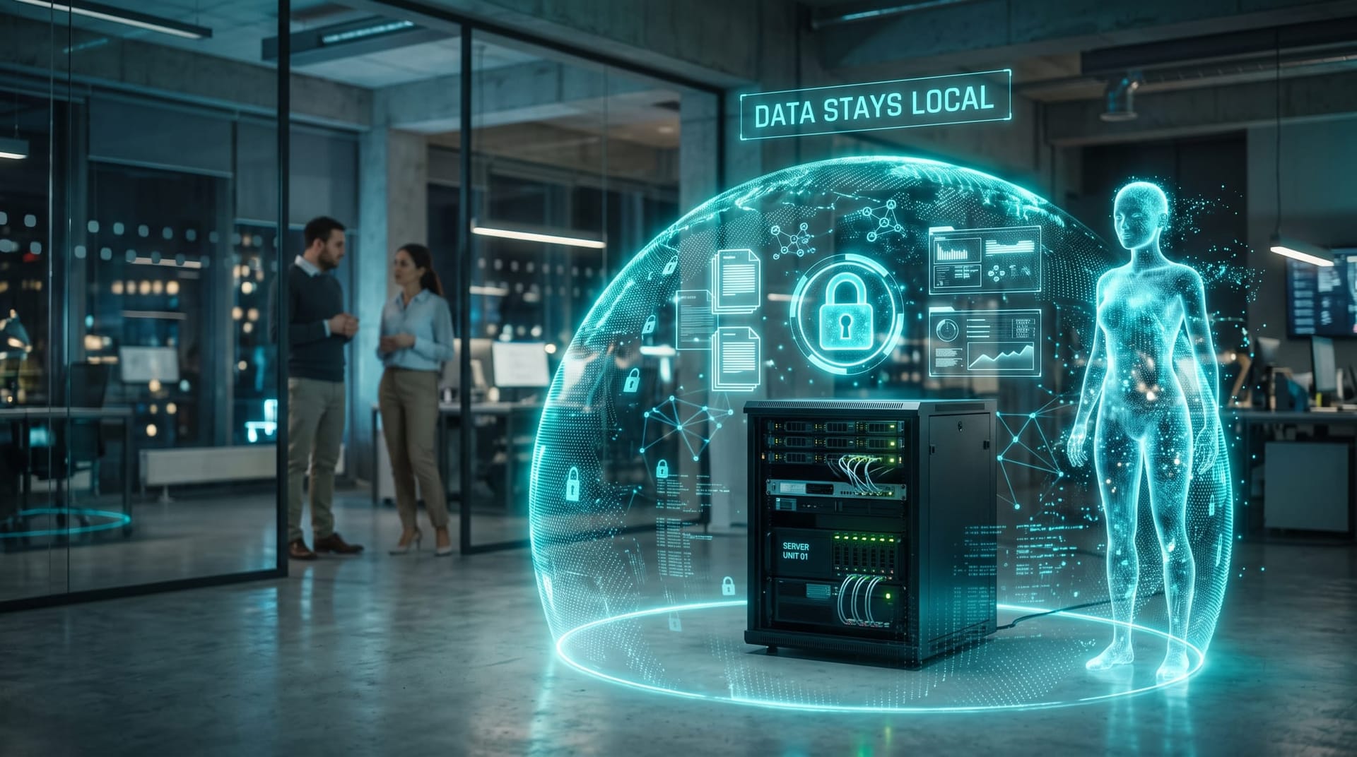 Holographic cyan shield and lock around a local server while business documents stay inside a glass office, illustrating on-premise AI data privacy