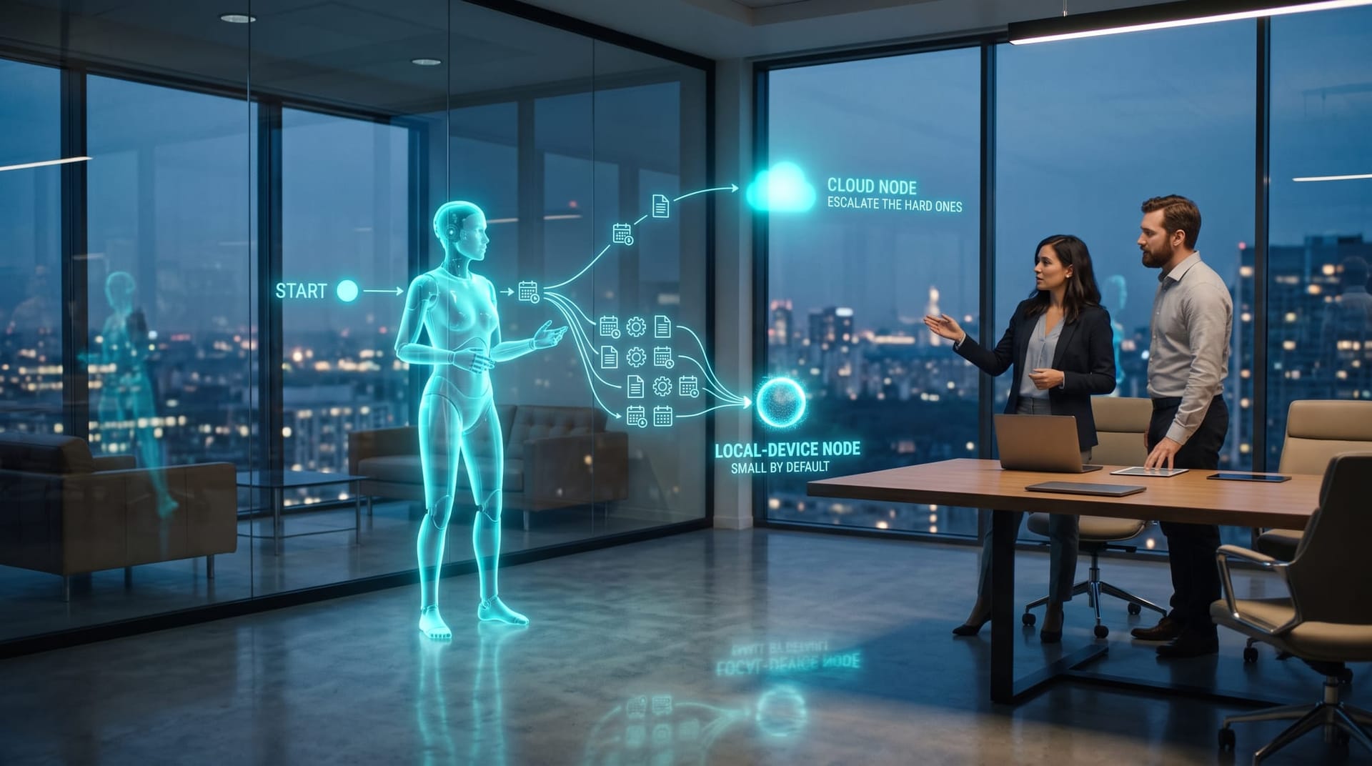 Holographic routing diagram splitting routine AI tasks to a small local model and hard tasks to a larger cloud model in a modern conference room