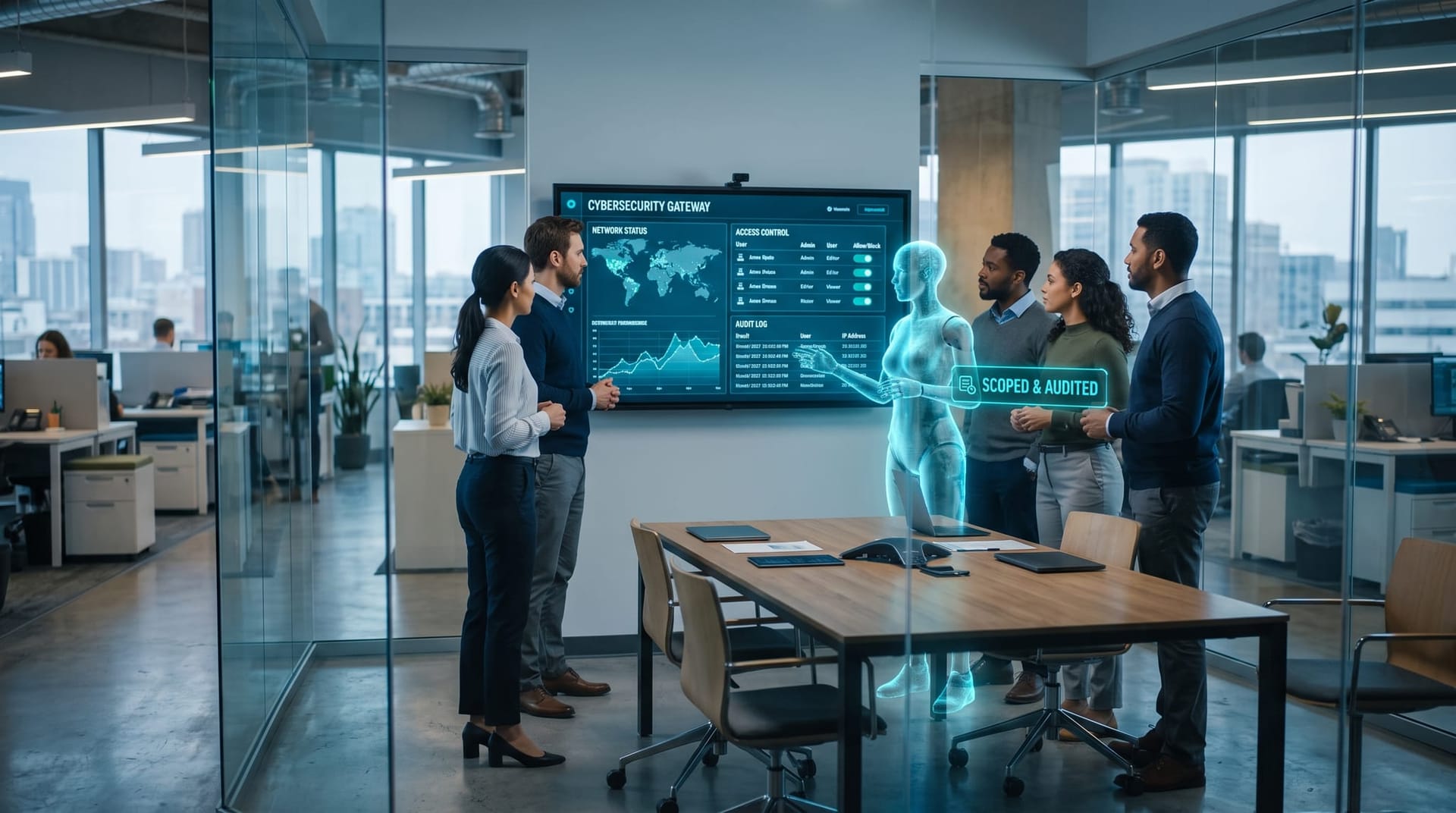 Northeast Indiana business team in a modern office reviewing a secure AI gateway dashboard with a holographic AI avatar checking access controls