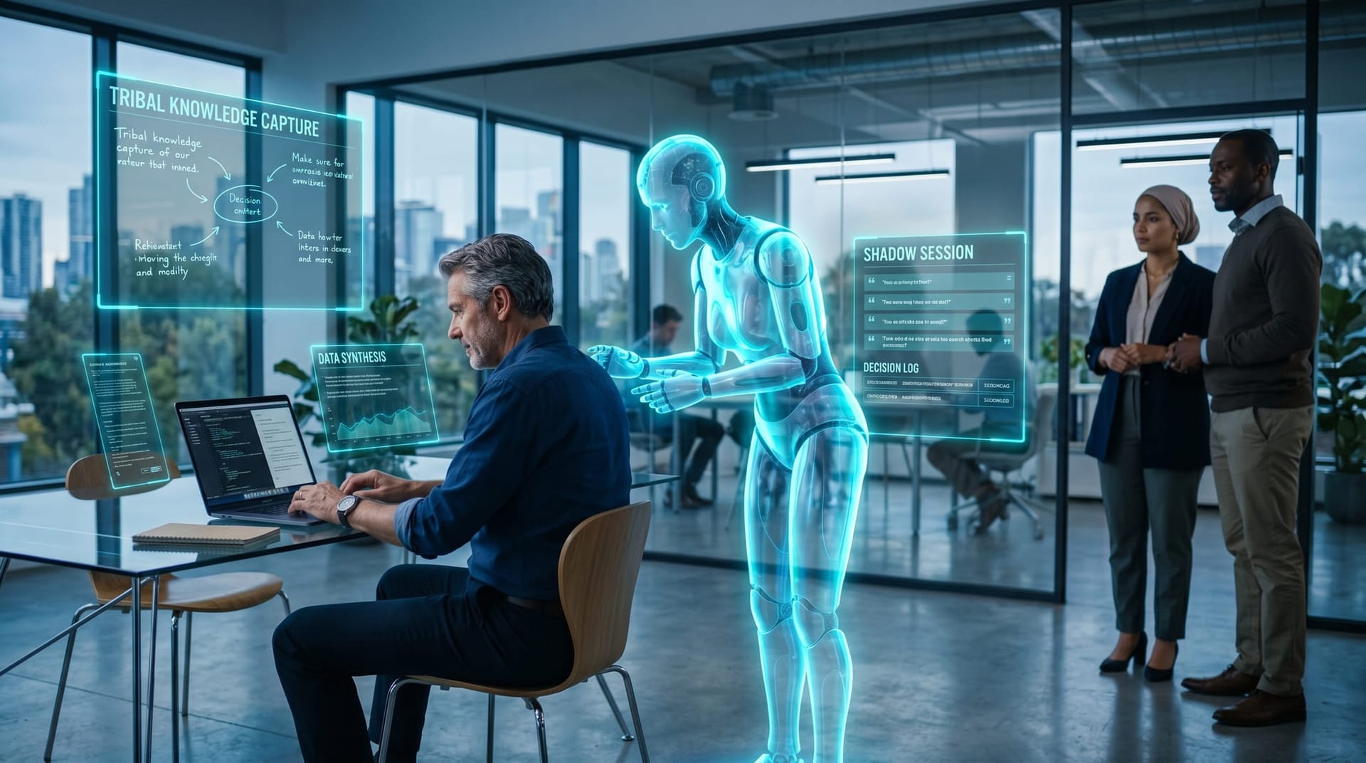 A translucent cyan holographic AI Employee shadows a senior manufacturing estimator at a glass workstation while colleagues observe, with floating cyan panels capturing handwritten notes and tribal knowledge.