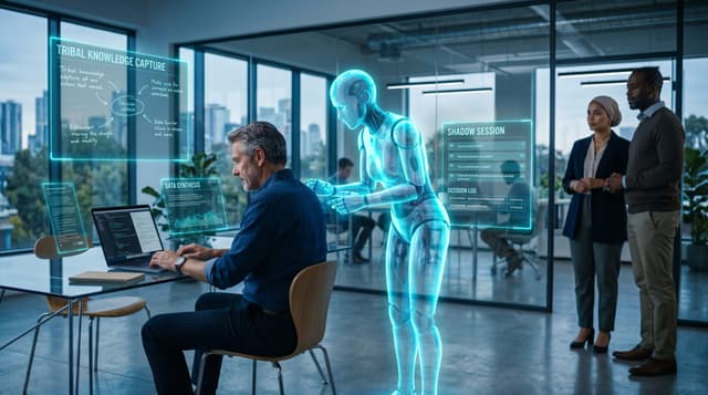 A translucent cyan holographic AI Employee shadows a senior manufacturing estimator at a glass workstation while colleagues observe, with floating cyan panels capturing handwritten notes and tribal knowledge.