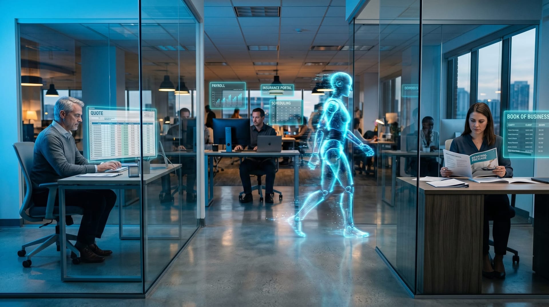 Three diverse colleagues — an estimator, an office manager, and a book-of-business owner — work alongside a cyan holographic AI Employee in adjoining glass-walled workspaces.