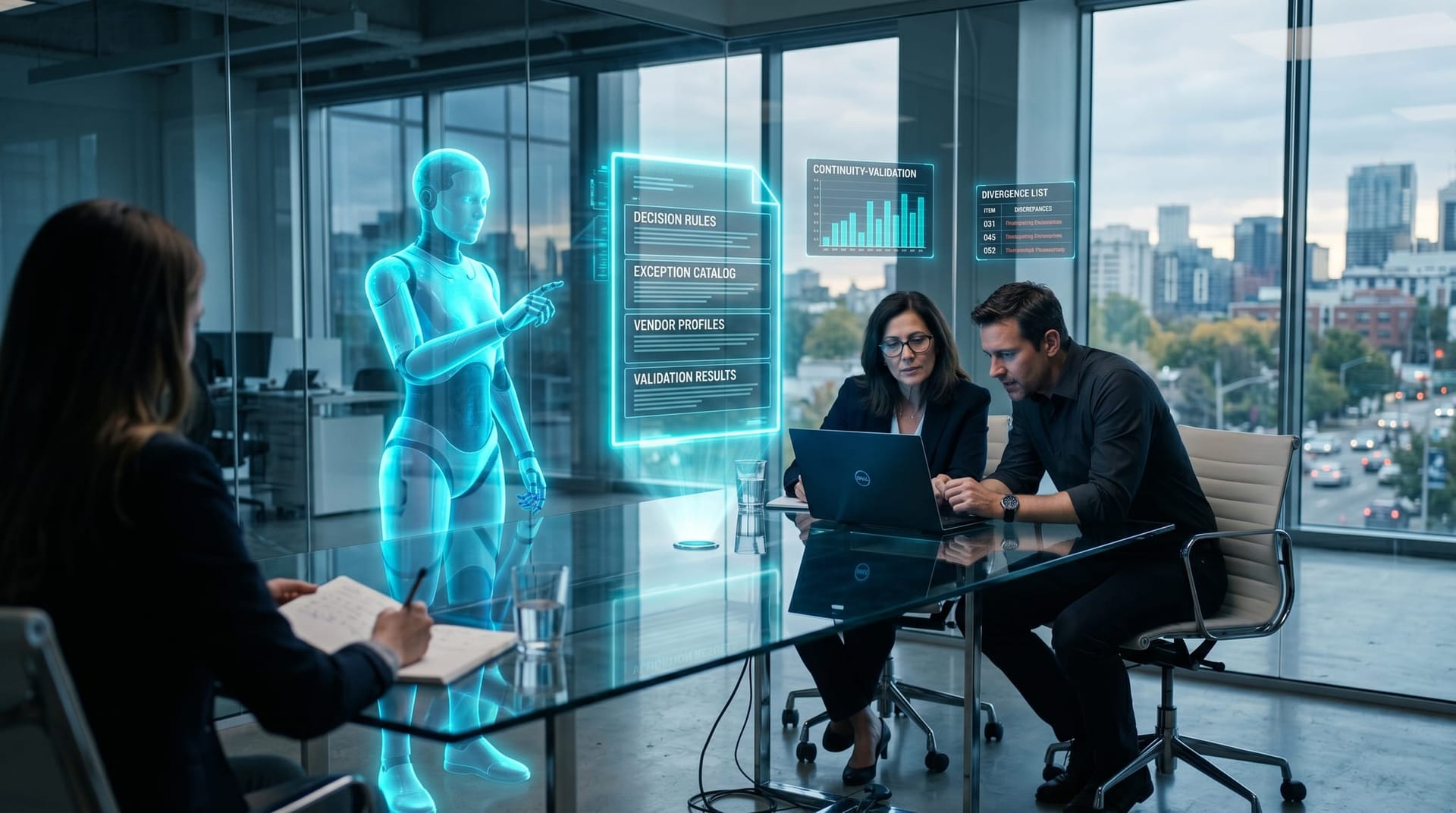 A senior expert and a cyan holographic AI Employee co-author a structured knowledge artifact on a glass table, with floating cyan panels showing rules, exceptions, and validation results.