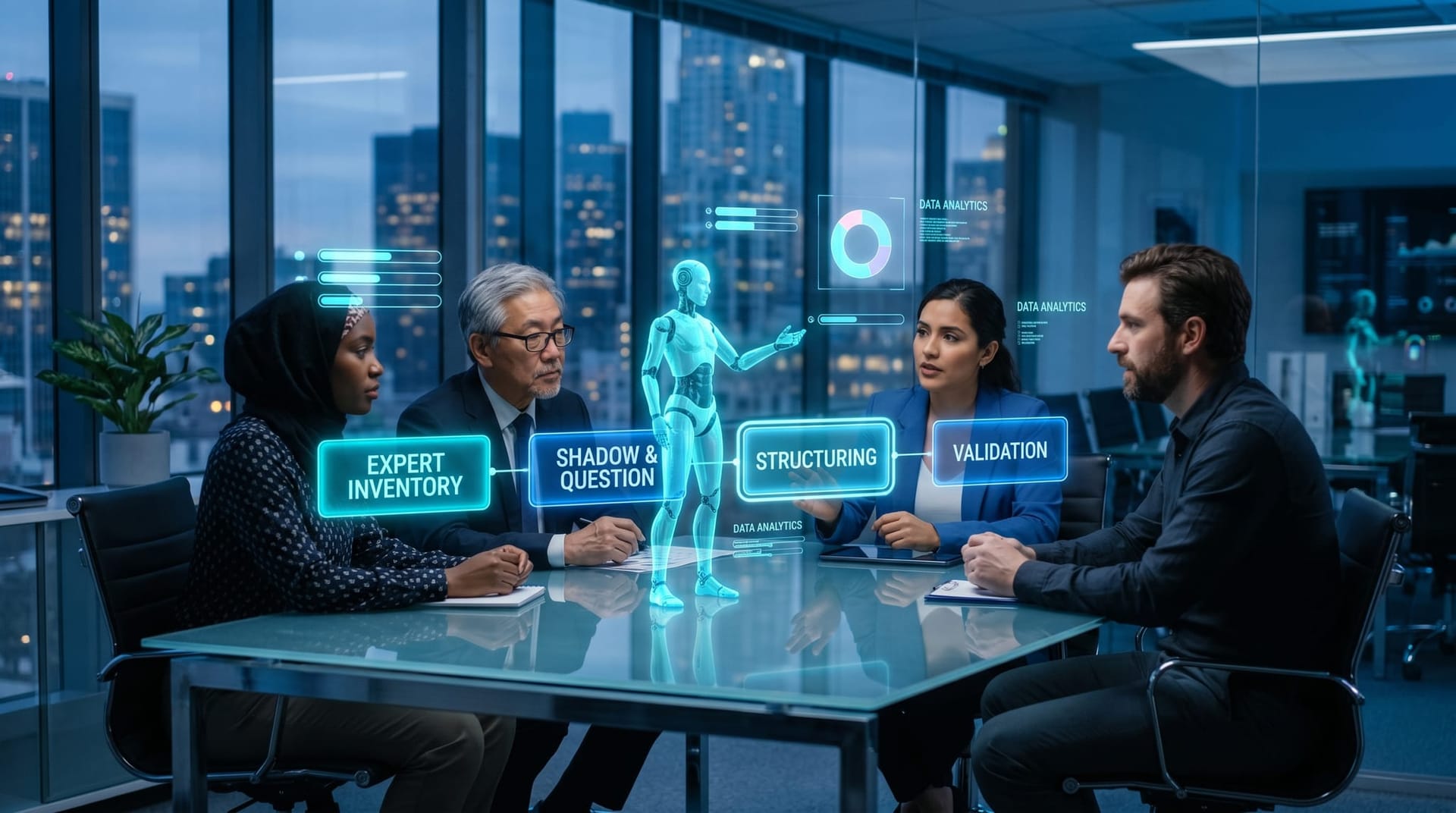 A glass-walled boardroom shows a diverse mid-market team walking through a four-step capture sprint plan beside a cyan AI Employee and a floating timeline hologram.