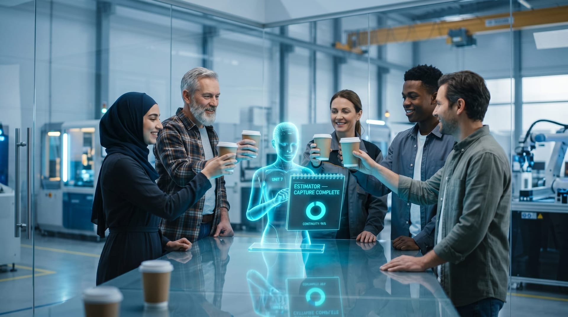 A Northeast Indiana manufacturing leadership team toasts coffee cups around a glass shop-floor table while a cyan AI Employee reviews captured estimator notes on a floating hologram.