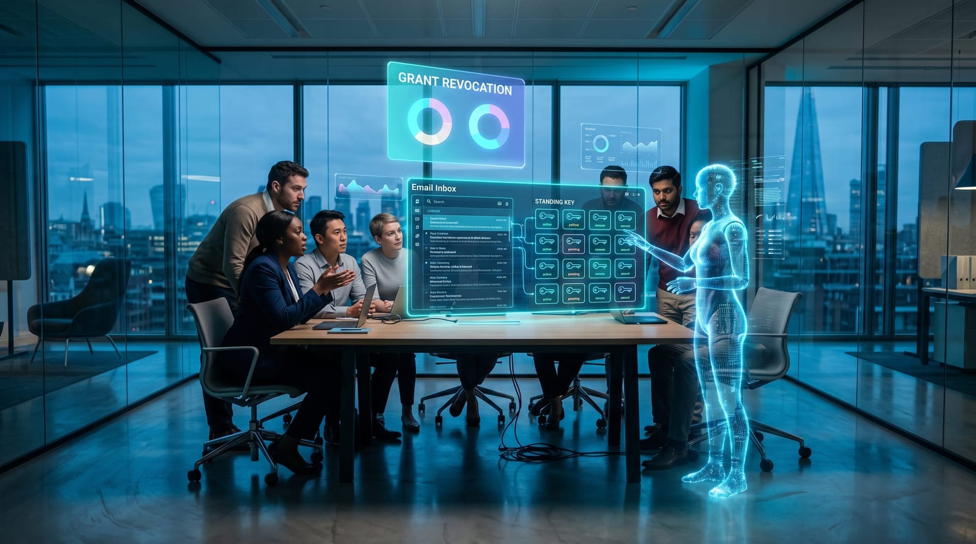 Business team studying a holographic OAuth grant revocation dashboard listing standing AI connector keys into a corporate Gmail account