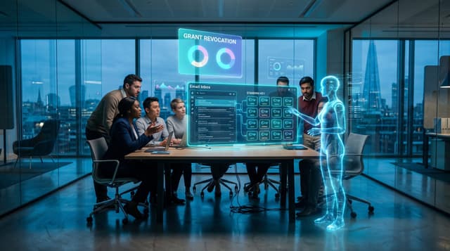 Business team studying a holographic OAuth grant revocation dashboard listing standing AI connector keys into a corporate Gmail account