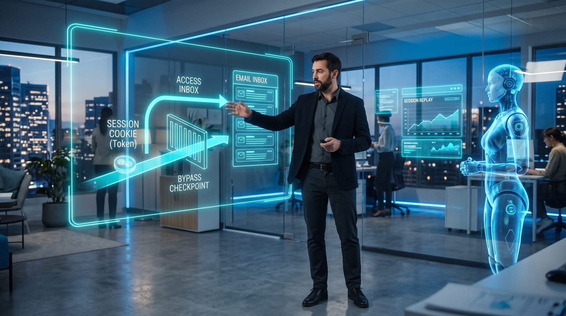 Holographic depiction of a stolen session cookie being replayed past a login checkpoint into an AI assistant connected to corporate email