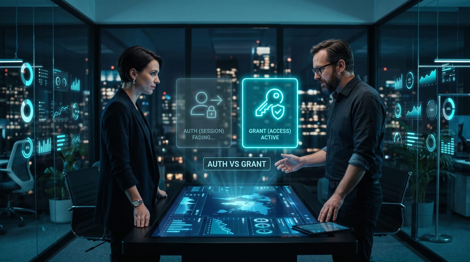 Two colleagues comparing holographic panels for authentication versus authorization while a persistent OAuth grant key stays glowing after sign-out