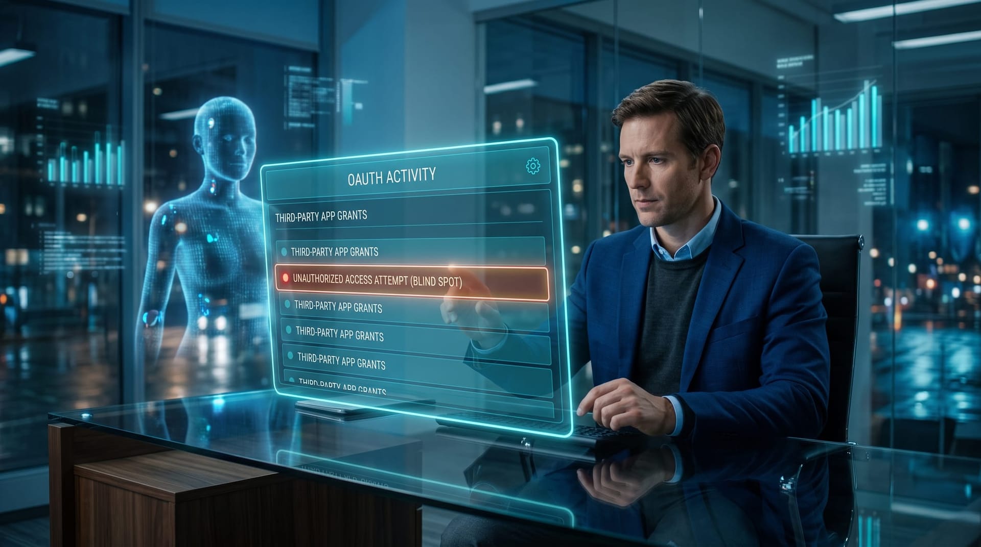 IT administrator reviewing a holographic Google Workspace admin console with an invisible unmonitored AI OAuth grant highlighted in the blind spot