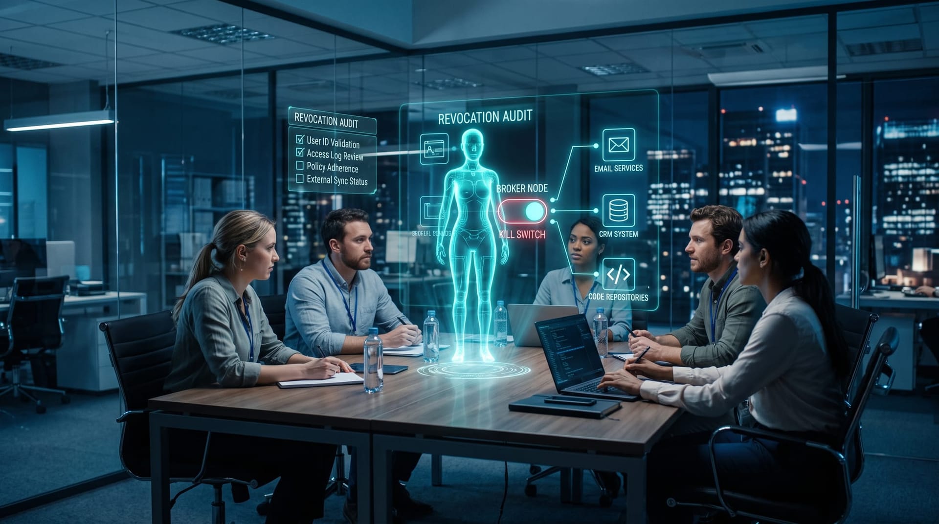 Security team running a revocation-readiness audit on a holographic gateway panel with a central kill switch brokering AI access to business systems