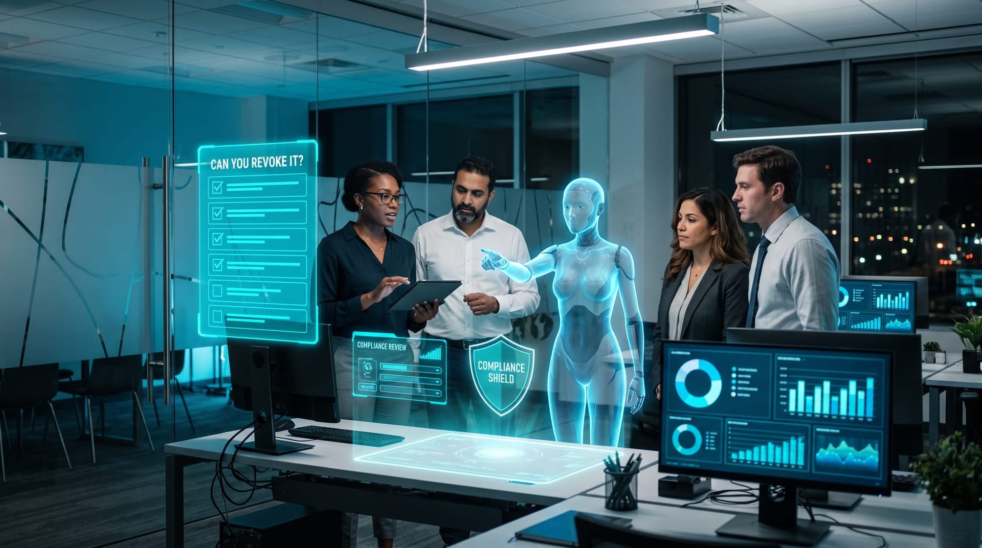 Northeast Indiana community bank and clinic staff reviewing a holographic AI security checklist for revoking personal AI grants on work Google accounts