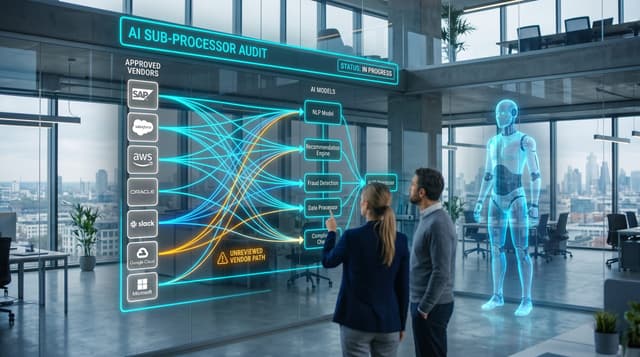 A holographic cyan AI sub-processor audit map tracing customer data flowing from approved SaaS vendors into third-party AI models in a modern office