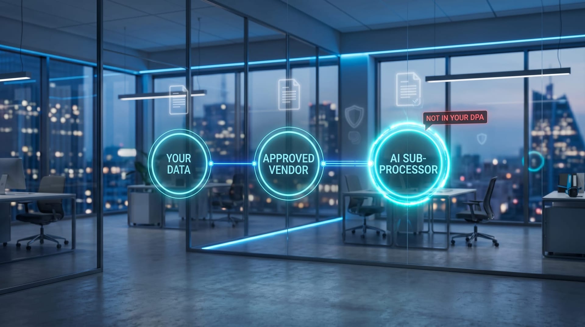 A holographic data chain diagram showing a controller, a processor vendor, and a newly added AI sub-processor node glowing in cyan in a glass office
