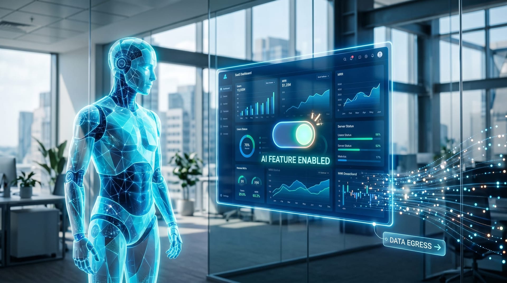 A translucent cyan AI Employee avatar beside a familiar SaaS dashboard where a glowing AI toggle has switched on and customer data streams outward