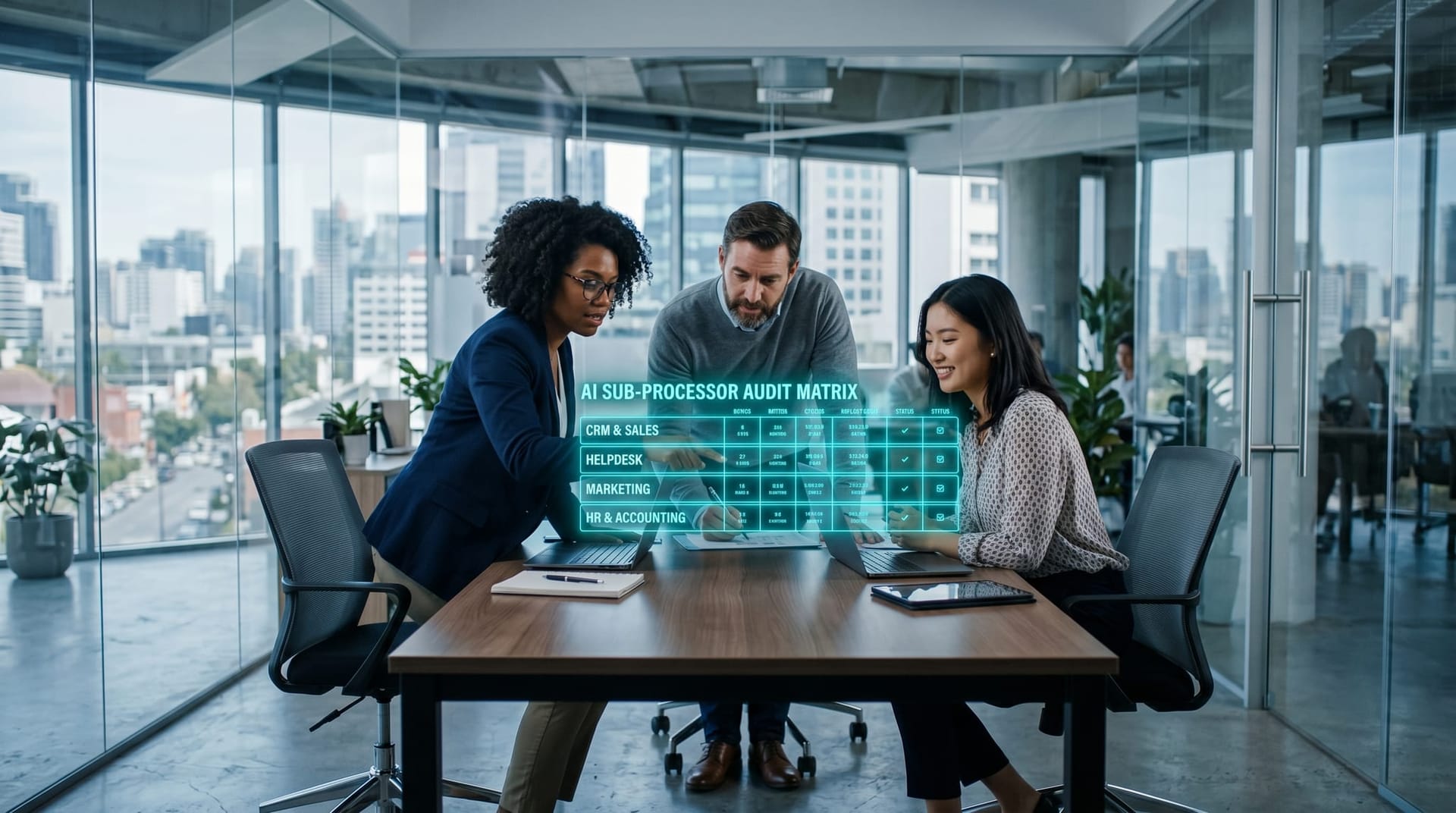 A small business team reviewing a four-row holographic vendor AI audit matrix on a cyan panel covering CRM, helpdesk, marketing, and HR categories
