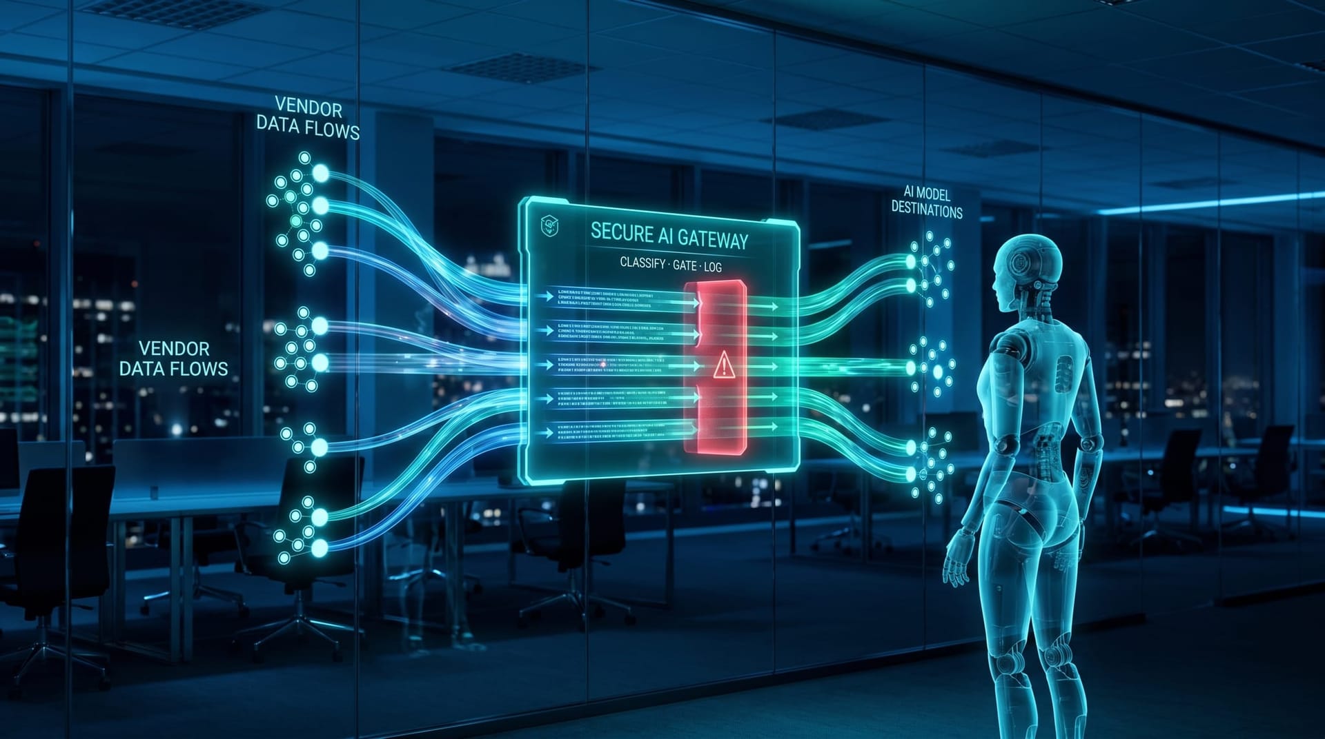 A Secure AI Gateway control plane inspecting and gating outbound vendor data flows toward AI models on a glowing cyan dashboard in a modern office