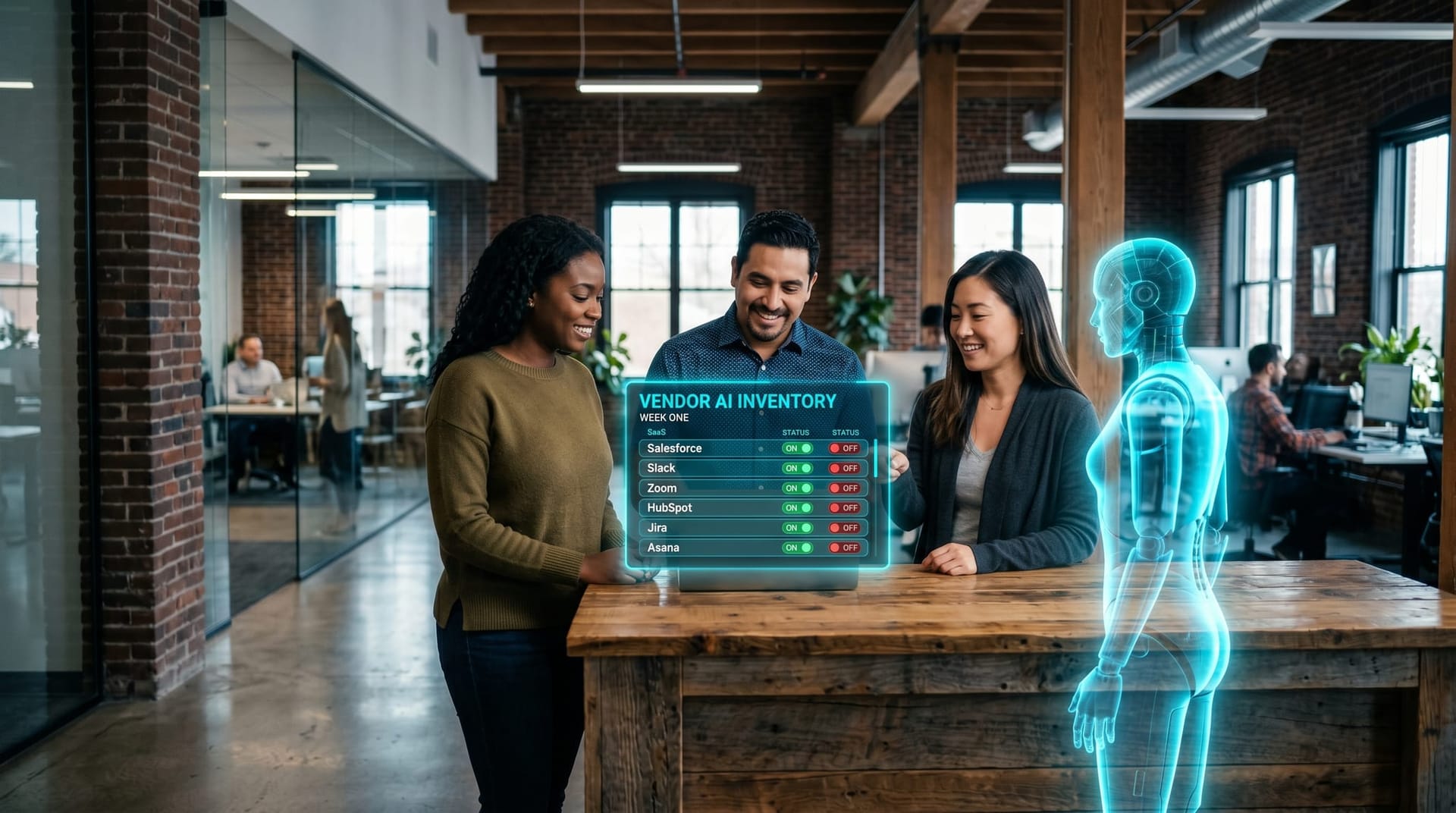 A Northeast Indiana mid-market team building a minimum-viable vendor AI inventory spreadsheet on a holographic cyan panel in an exposed-brick office