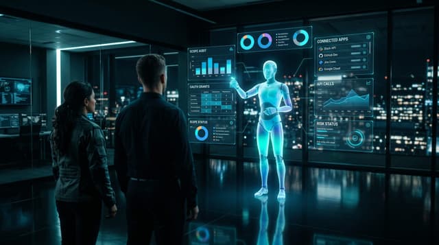 Translucent cyan holographic AI employee avatar studying floating OAuth scope and connected-app authorization panels inside a dark glass-walled security office