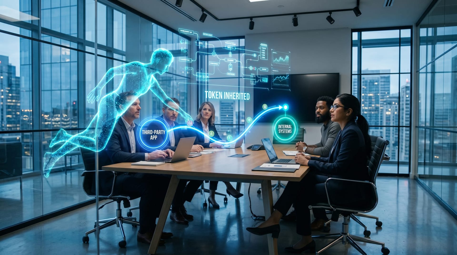 A diverse business team at a glass conference table watching a cyan hologram trace a glowing OAuth token path from a connected app into internal systems