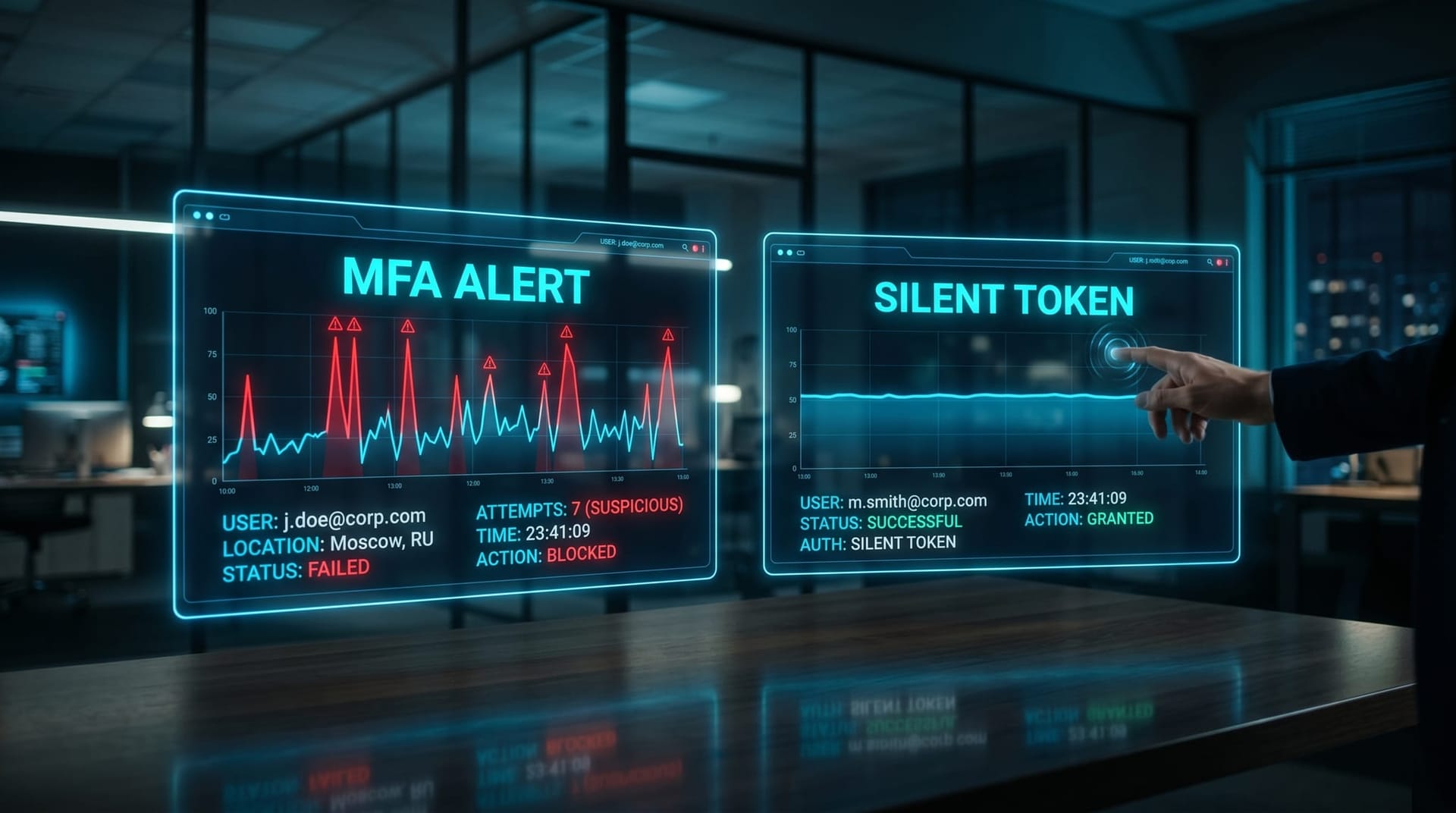Floating holographic comparison panels contrasting credential-theft alerts against silent OAuth token activity, lit in cyan above a dark glass office desk