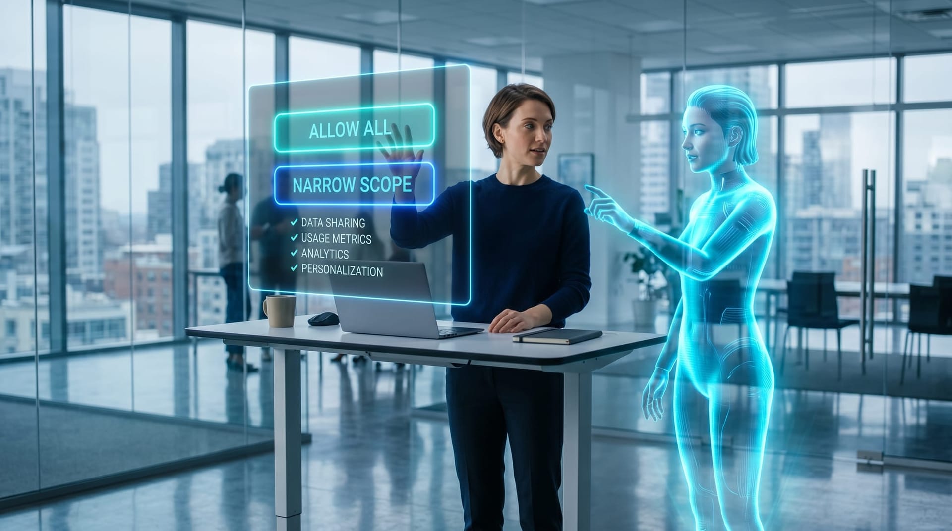 An employee hovering over a glowing holographic consent screen offering Allow All versus narrow-scope options while a cyan AI avatar gestures toward the narrow choice
