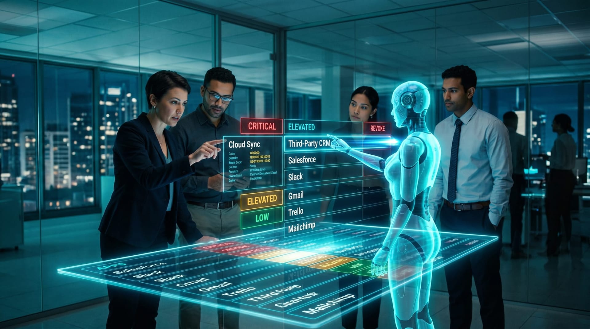 A diverse team and a cyan AI avatar working through a holographic connected-app inventory with risk tiers and revoke controls in a glass-walled office