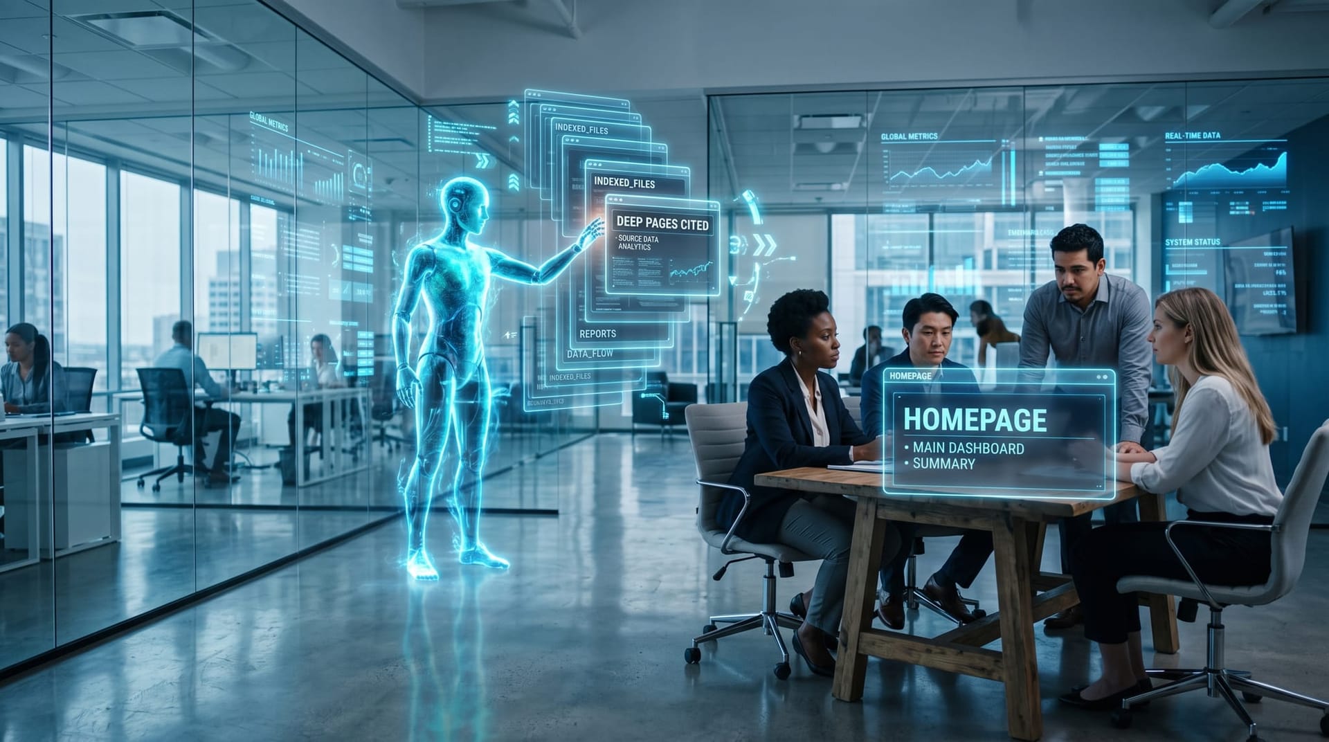 Holographic AI avatar routing a citation to a deep service page while the human buyer path loops back to a glowing homepage panel