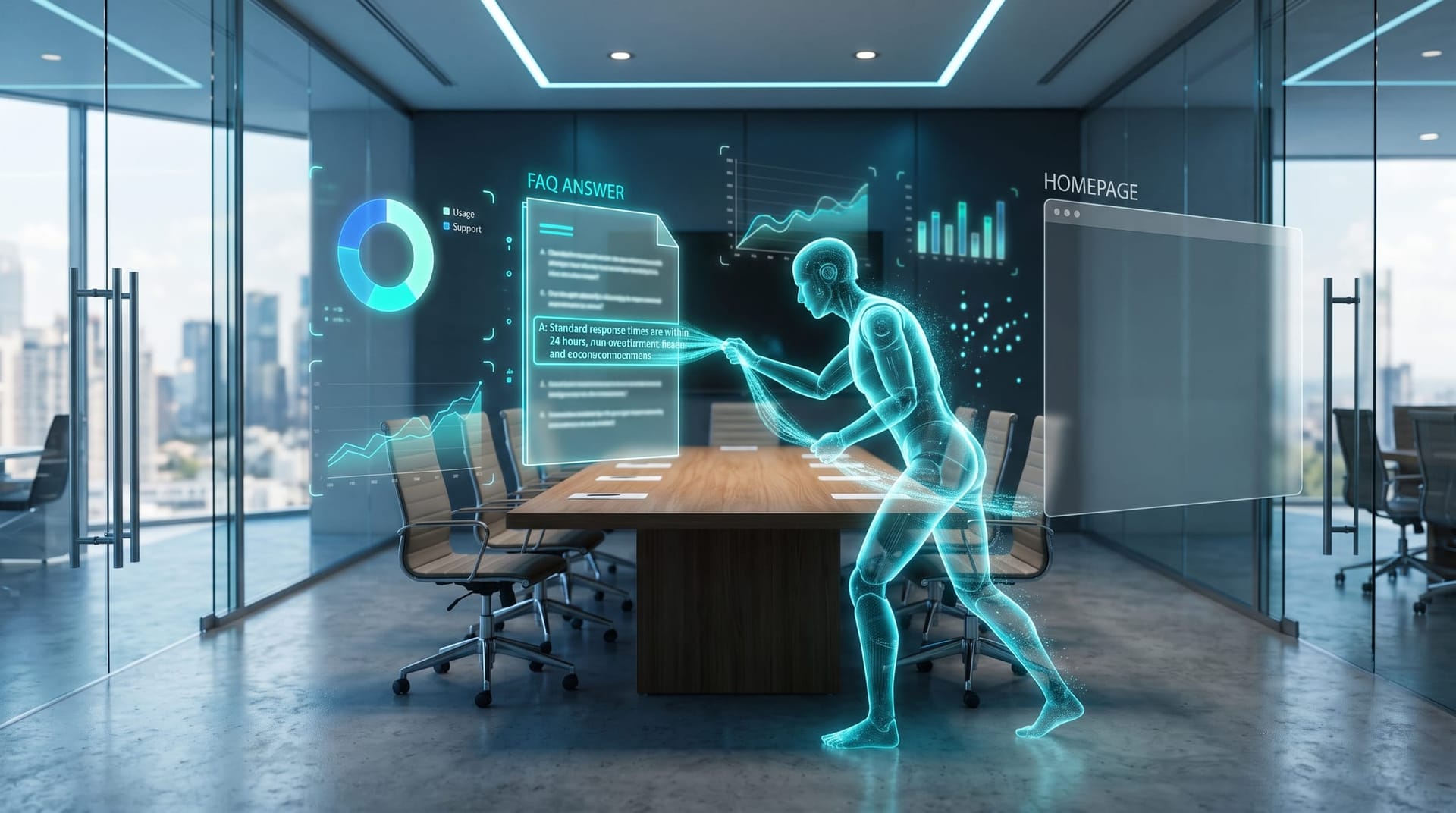 Translucent AI avatar extracting a highlighted answer from a floating deep FAQ page while a dim homepage card sits ignored in an office for answer engine optimization