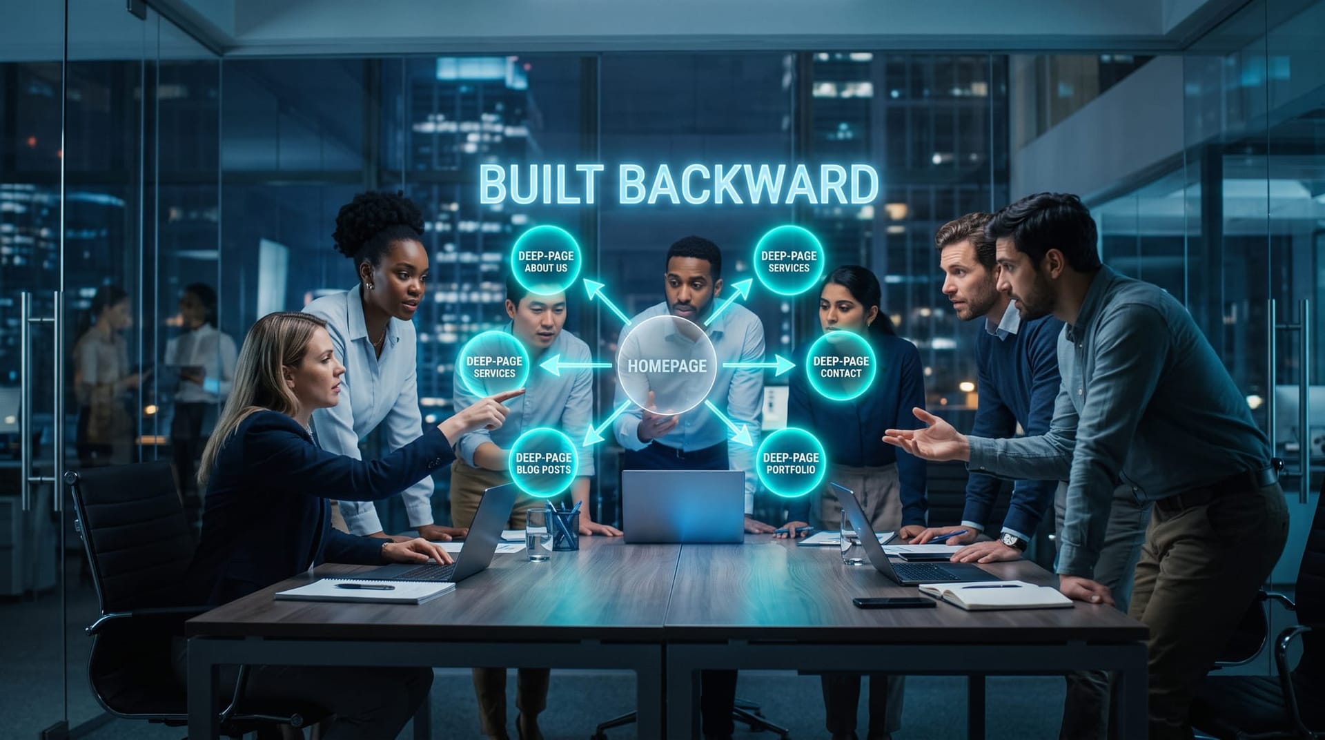Diverse team around a conference table reviewing a cyan holographic site map where deep pages glow bright and the homepage node dims, illustrating a website built backward for AI search