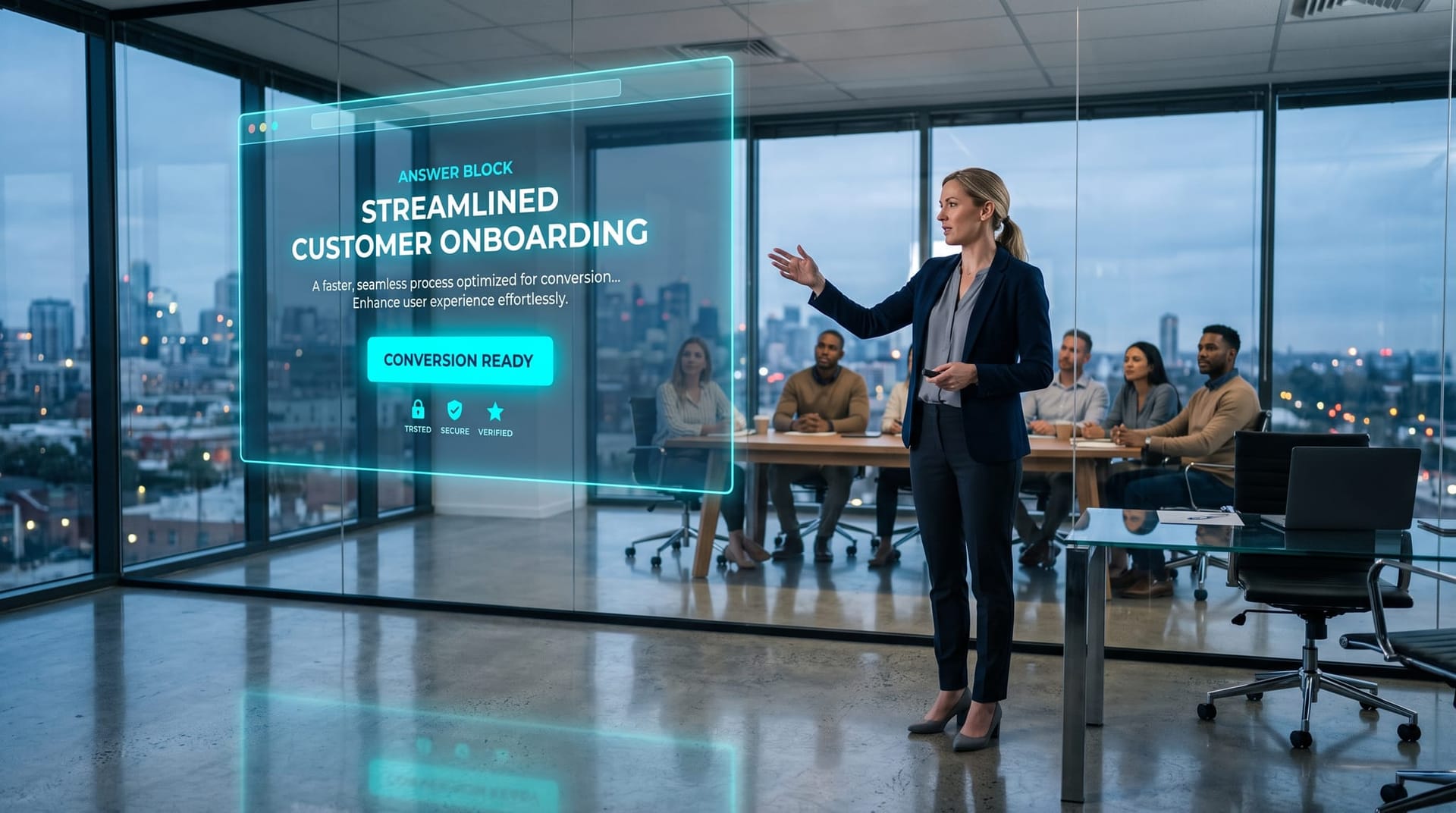 Presenter demonstrating a cyan holographic deep page being upgraded with a single clear call-to-action and trust badges for conversion-ready answer engine optimization