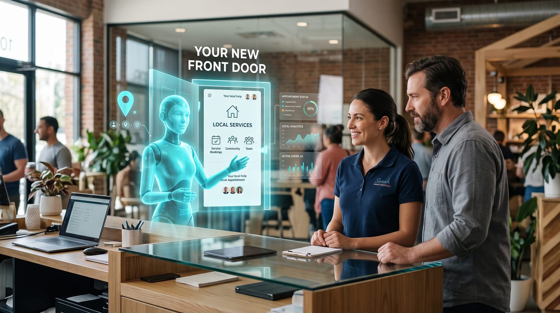 Small Northeast Indiana business team at a counter watching a cyan holographic AI avatar surface their local service page as a front door in AI search results