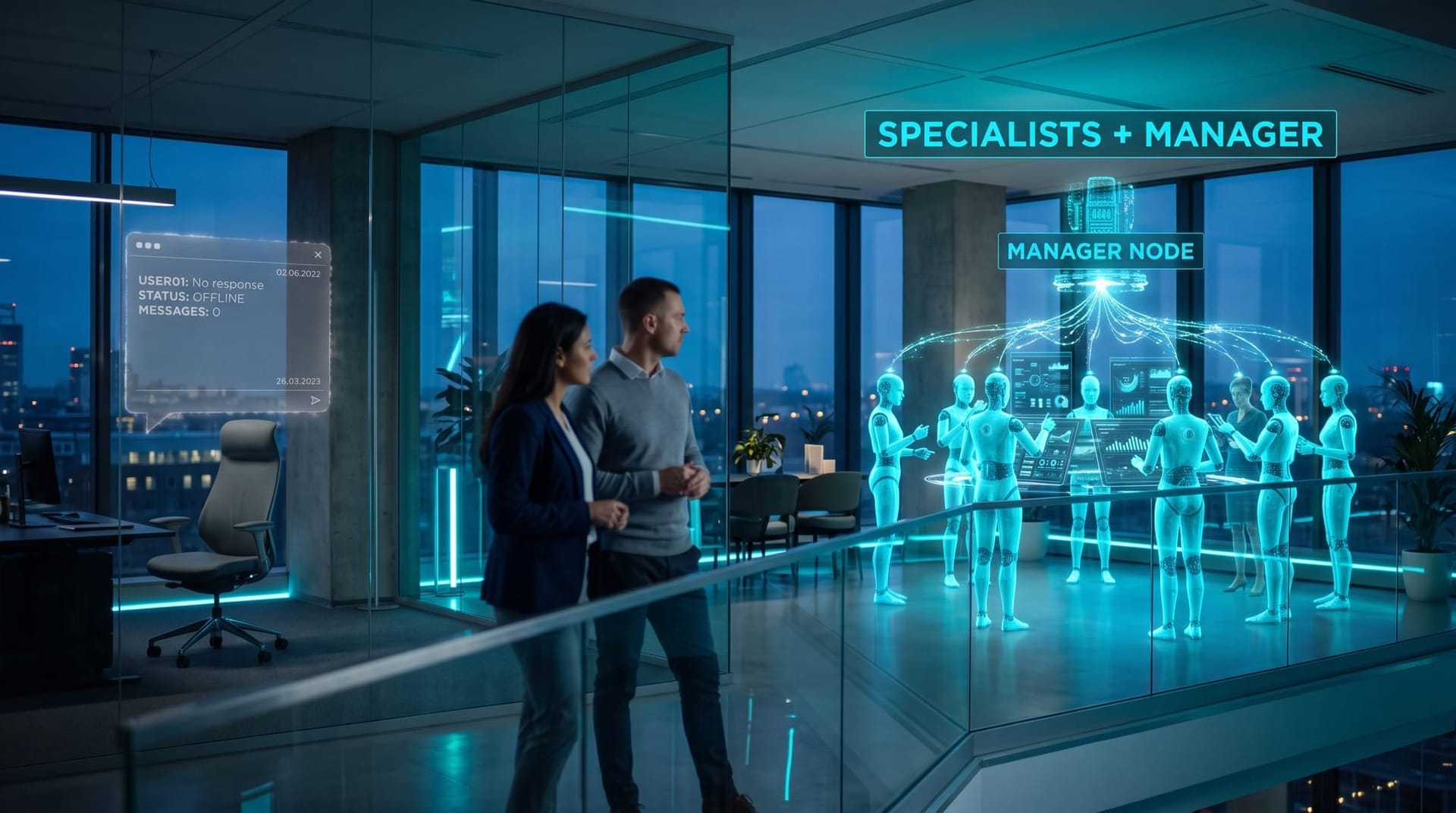 A single monolithic chatbot panel contrasted against a coordinated team of specialist AI agent avatars, illustrating orchestration versus one big prompt