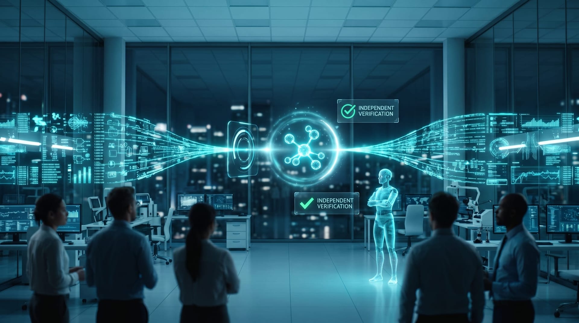 Two independent AI processes converge on the same glowing molecular design result at a verification checkpoint, showing independent verification of AI output