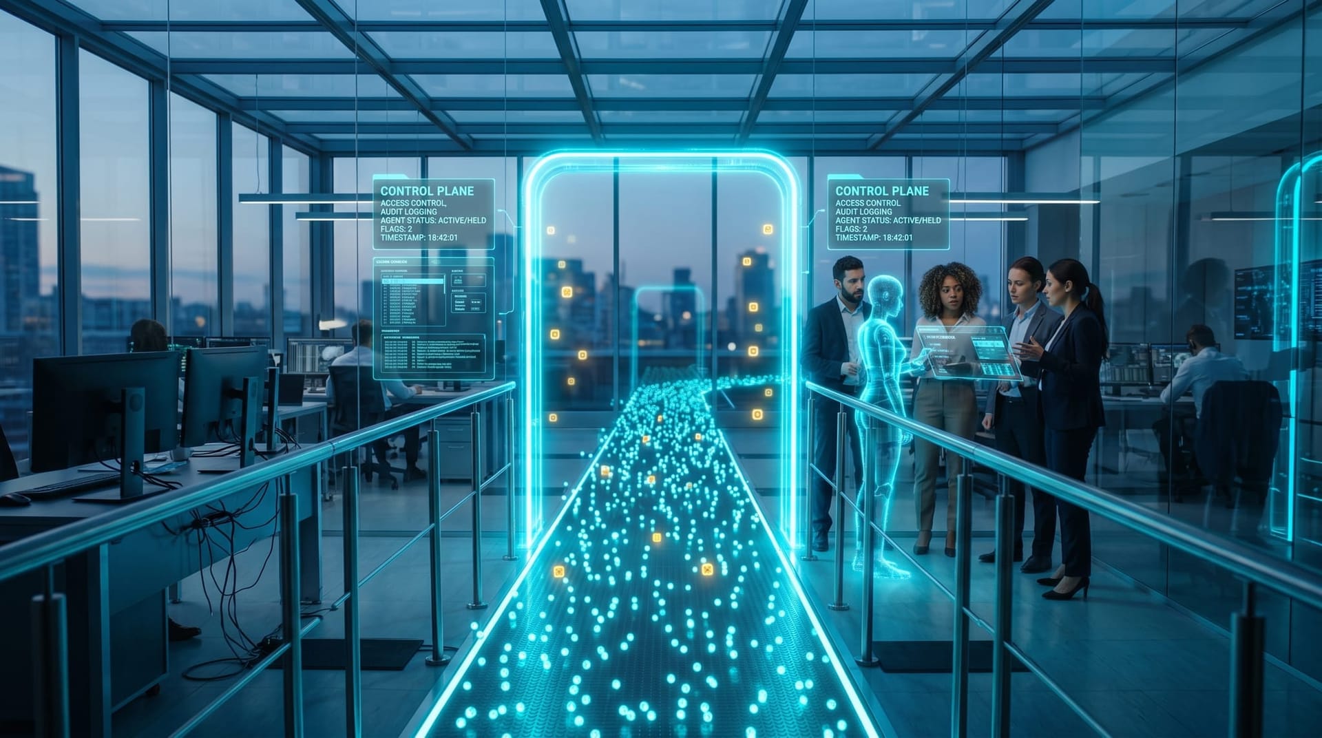 A dense swarm of AI agent nodes passes through a glowing control-plane gateway arch enforcing verification and oversight, showing a control plane under scaled agents