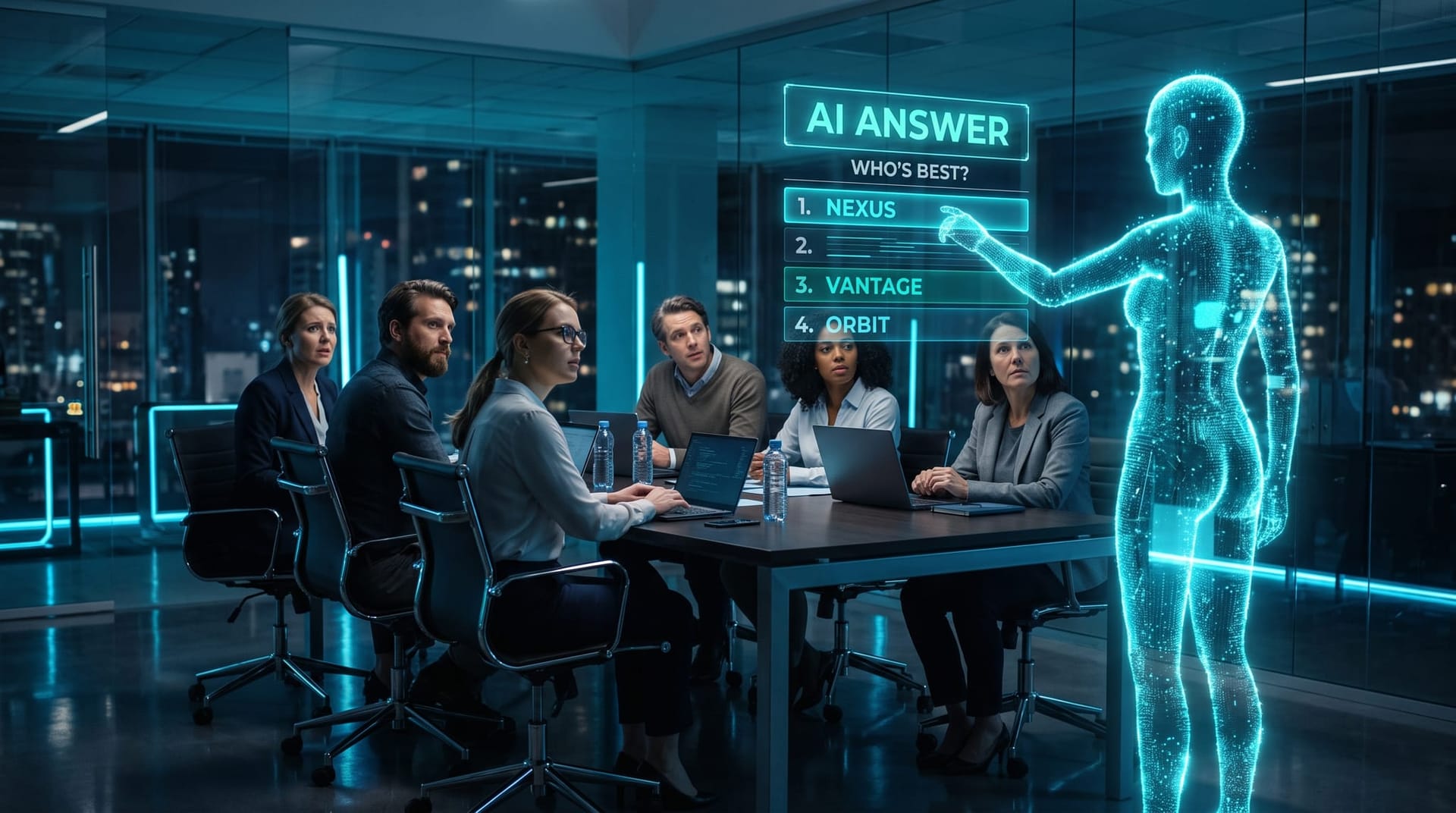 A Fort Wayne business team studying a holographic AI answer panel that lists competitors instead of their own brand name in AI search results