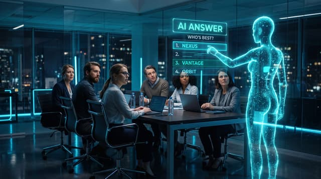 A Fort Wayne business team studying a holographic AI answer panel that lists competitors instead of their own brand name in AI search results
