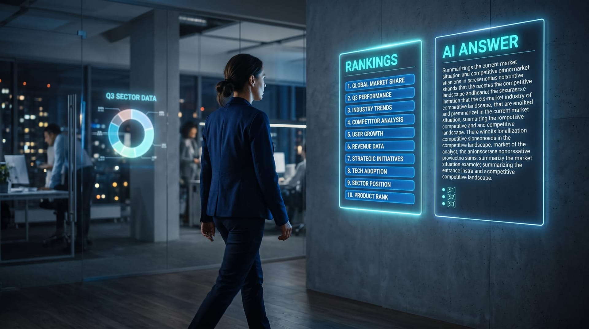 Two glowing holographic panels compare a ranked list of blue search links against a single AI answer paragraph, showing why rankings miss AI citations