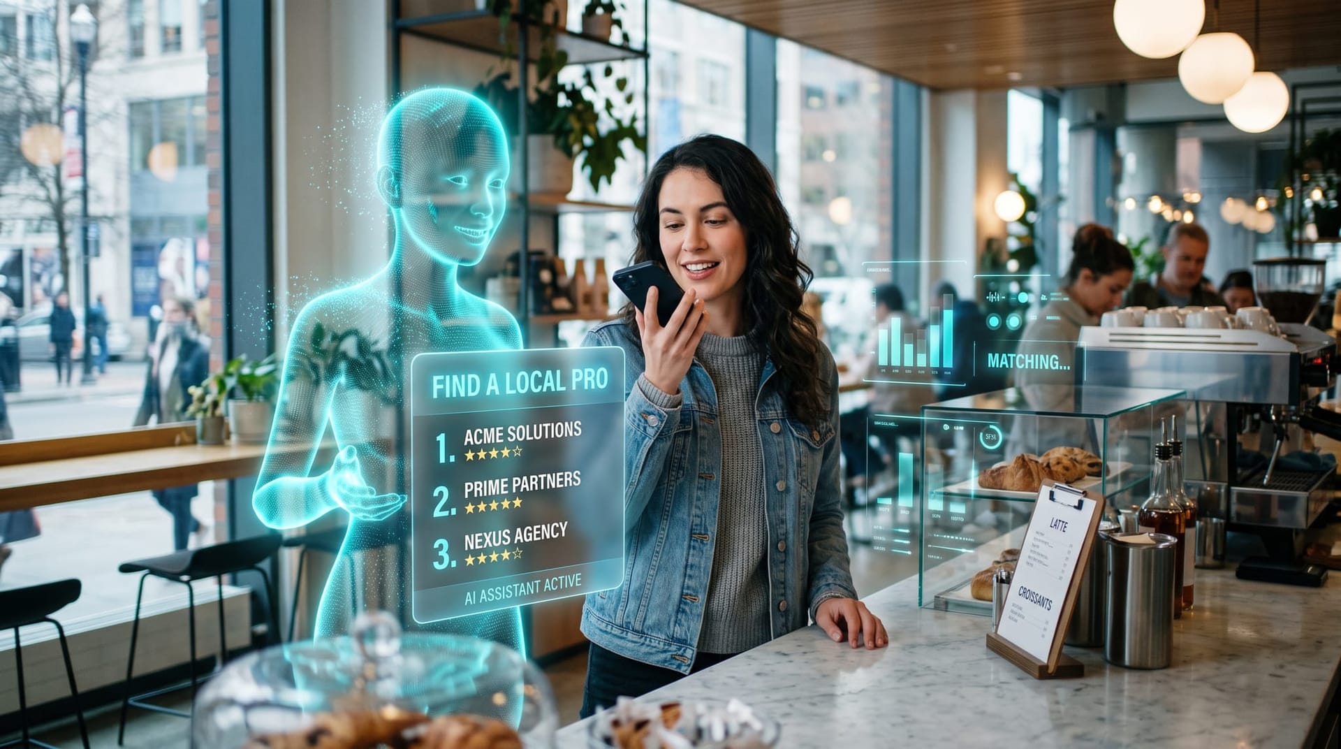 A person at a cafe counter speaks a question into a phone as a cyan holographic assistant surfaces a short list of Fort Wayne business recommendations