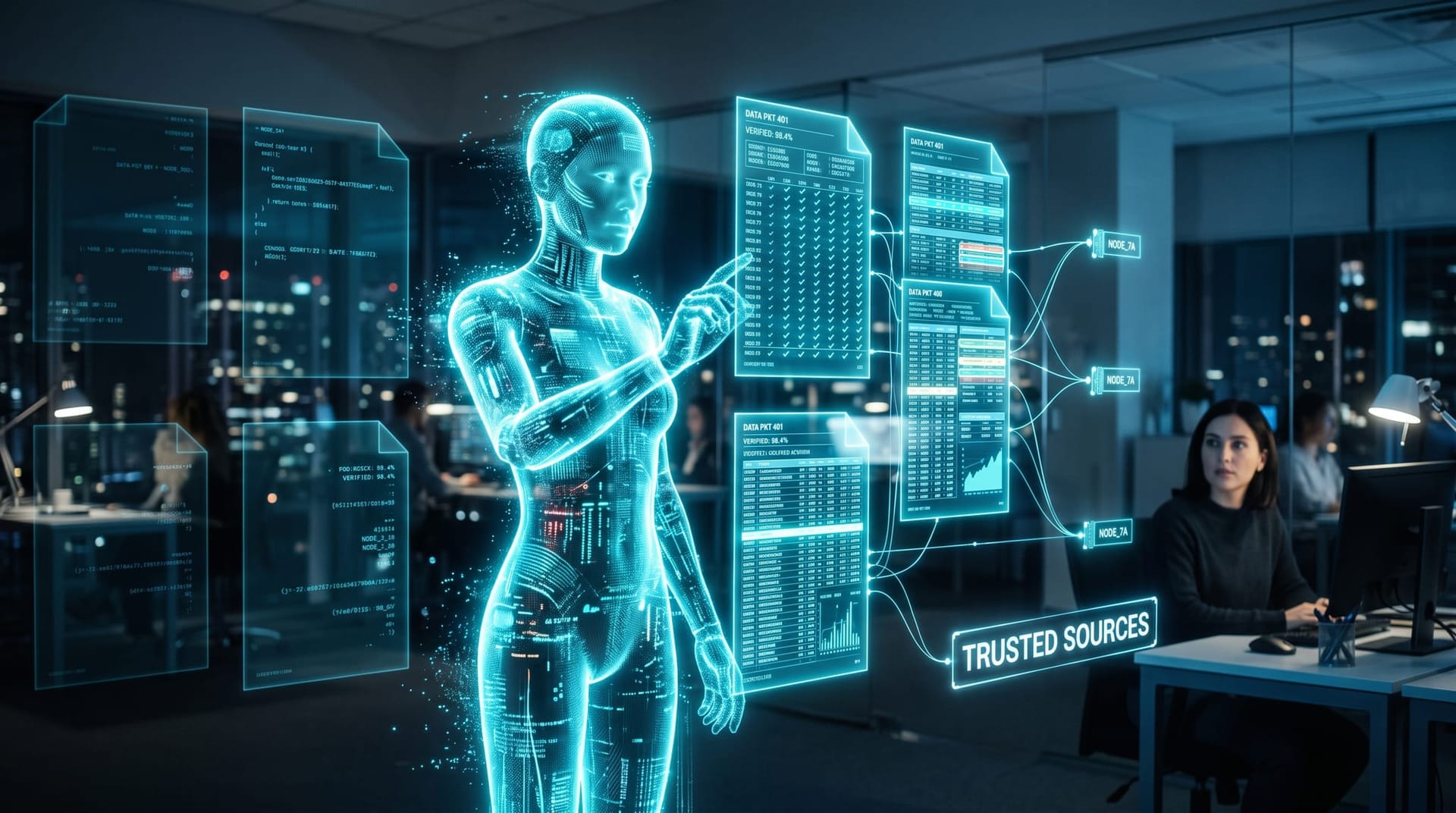A translucent AI avatar inspects floating document pages, dimming thin marketing pages and lighting up fact-rich ones with third-party source links