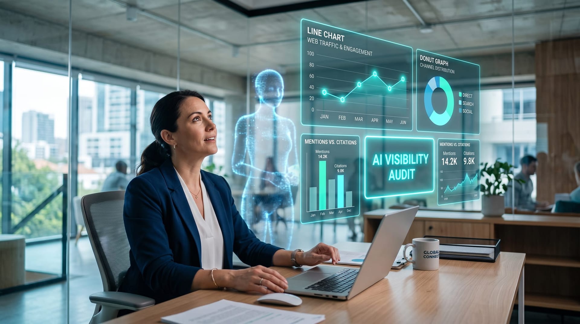 A small business owner runs a self-audit at a desk as cyan holographic panels track AI mentions versus citations and share of voice across assistants