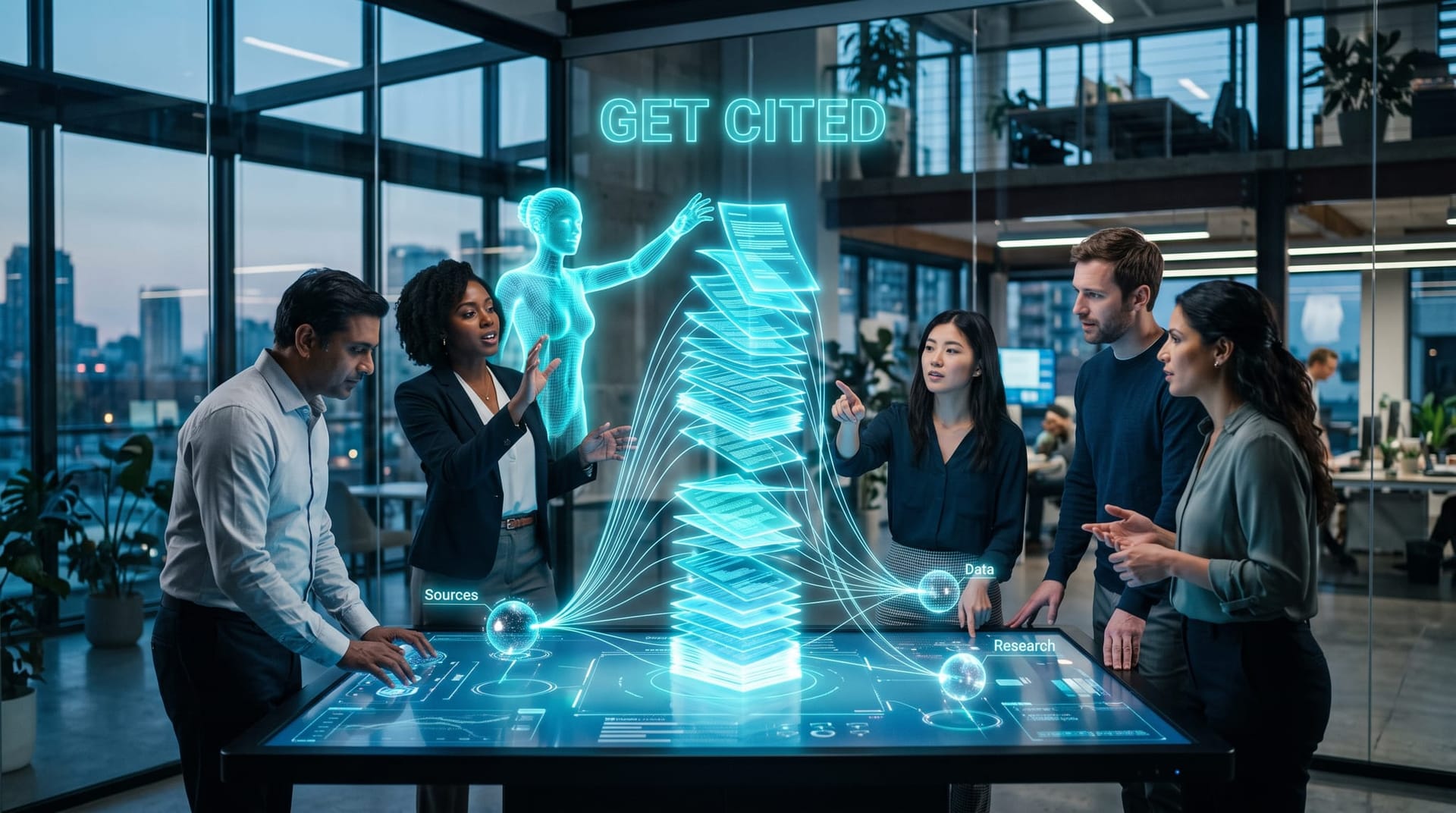 A business team and a cyan holographic AI avatar build a stack of glowing fact-rich pages and earned-media links, the playbook to get cited by AI