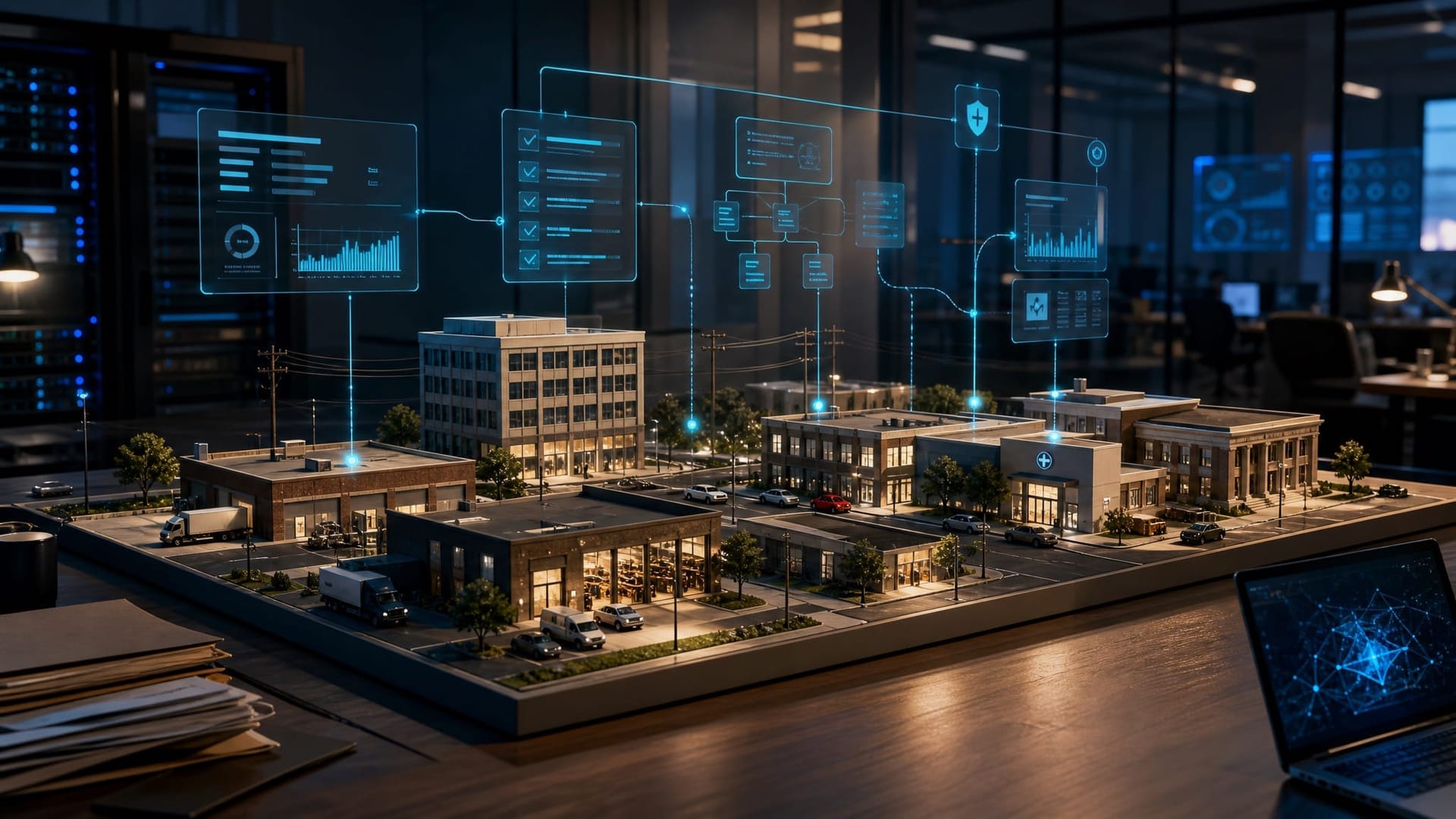 A wide tabletop diorama of a miniature city block illuminated by warm directional studio light, conveying a learned simulation environment that an AI world model could reason inside.