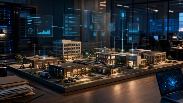 A wide tabletop diorama of a miniature city block illuminated by warm directional studio light, conveying a learned simulation environment that an AI world model could reason inside.
