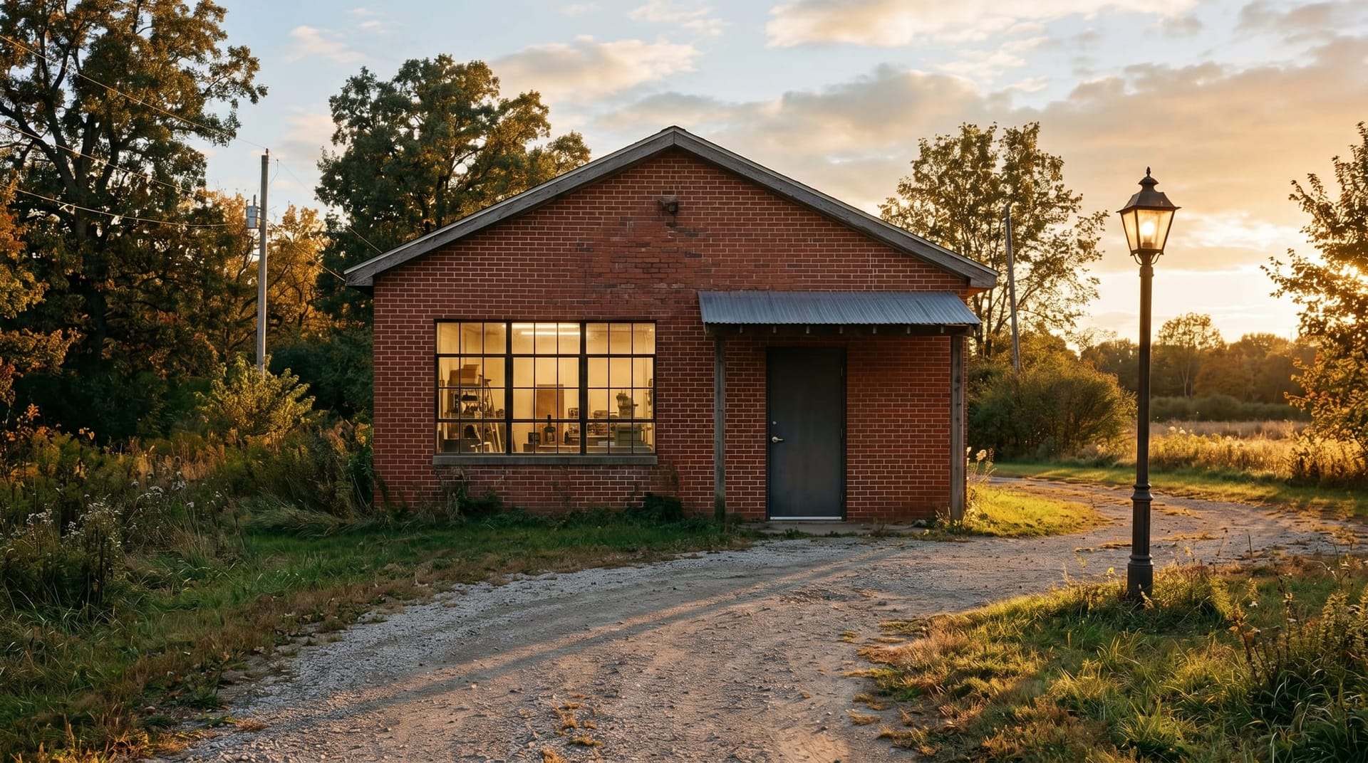 A small midwestern manufacturing workshop at golden hour with a single lit window and brick exterior, conveying a 75-seat DeKalb County firm preparing for the world-model era.