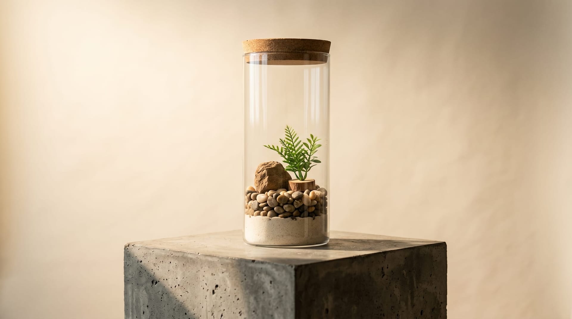 A clear-glass terrarium containing a layered miniature landscape on a polished concrete pedestal, evoking an AI world model as a self-contained simulated environment.
