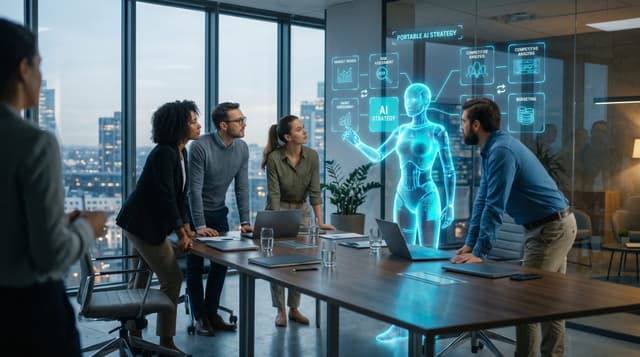 A business team and a translucent cyan AI Employee avatar reviewing a multi-vendor AI strategy dashboard with portable, swappable model panels in a glass-walled office.