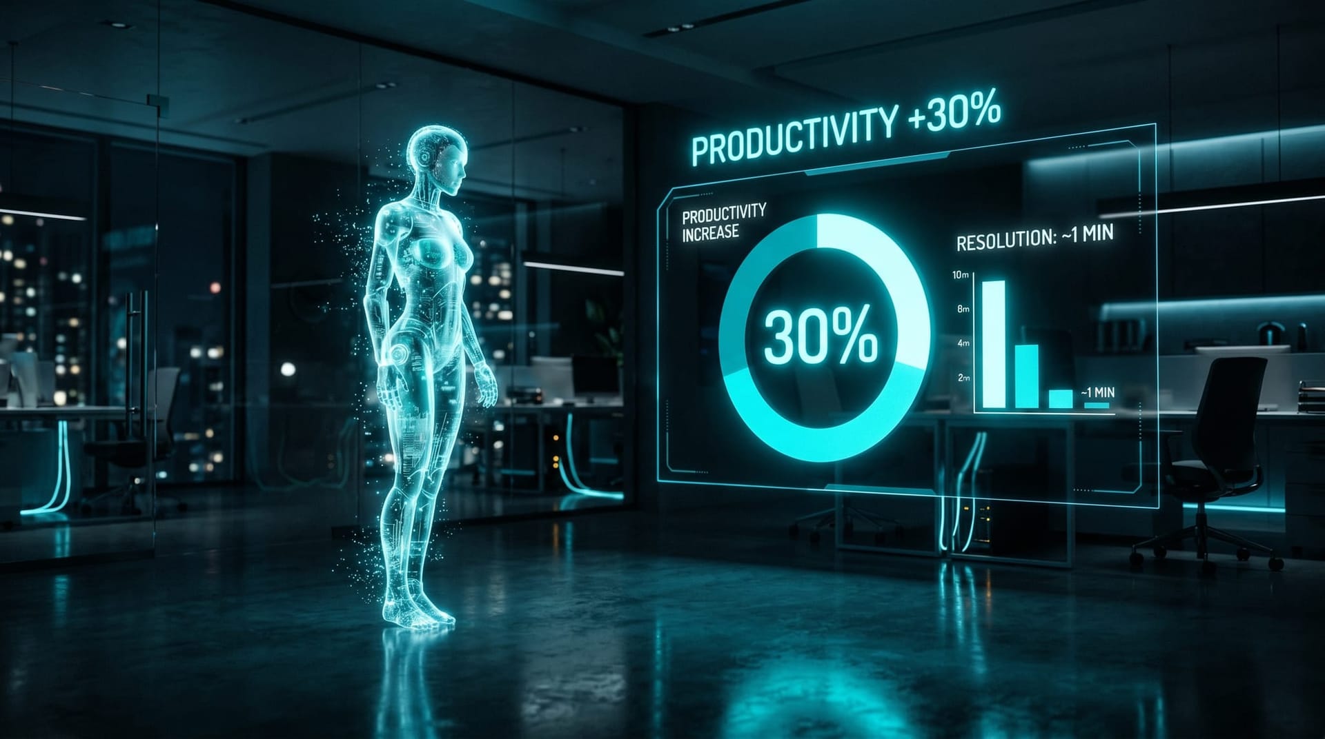 A glowing cyan dashboard showing a 30 percent productivity gain and help-desk minutes dropping to one, illustrating measured AI results without vendor lock-in.